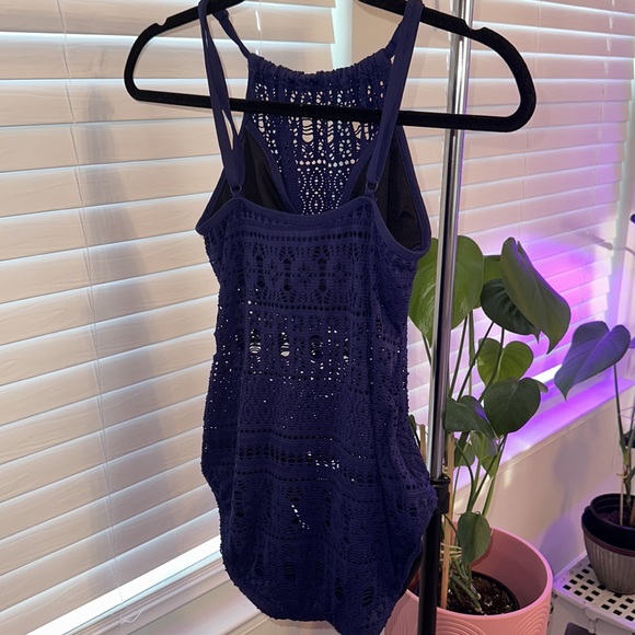 Crochet High Neck One-Piece Swimsuit- Navy Blue - Picture 3 of 7
